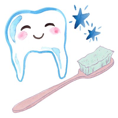 Tooth_care_baby Watercolor illustration of a smiling, anthropomorphic tooth with shining stars next to it and a large pink toothbrush